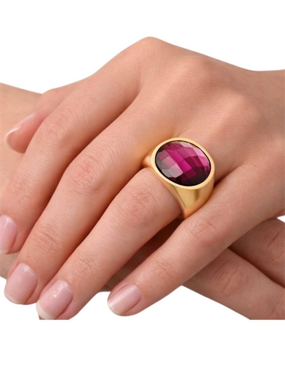 18K Gold Plated Pink Gemstone Ring Stainless Steel Size 7.5